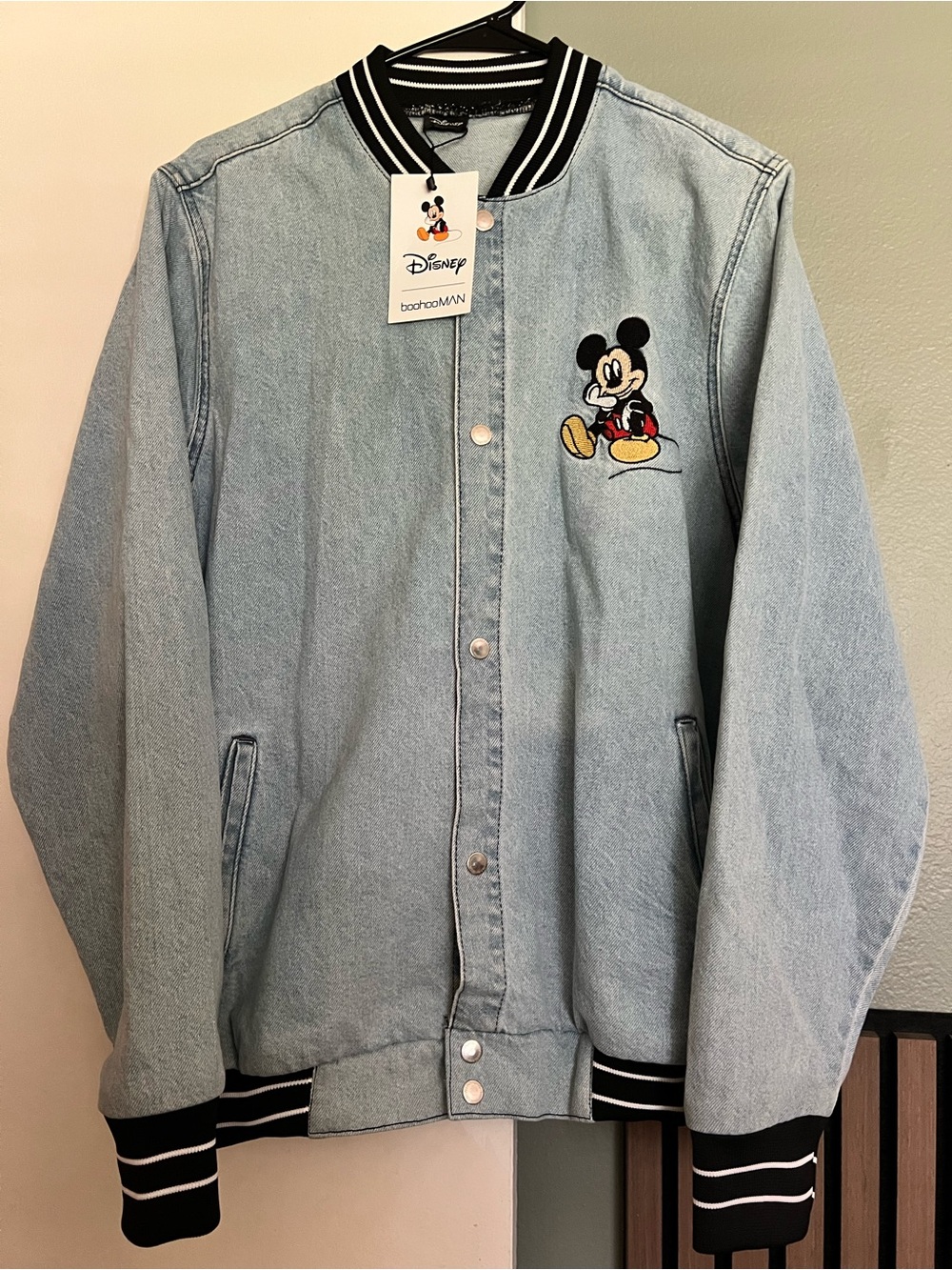 Disney Light Blue Denim Mickey Bomber Jacket with Black-White Trim